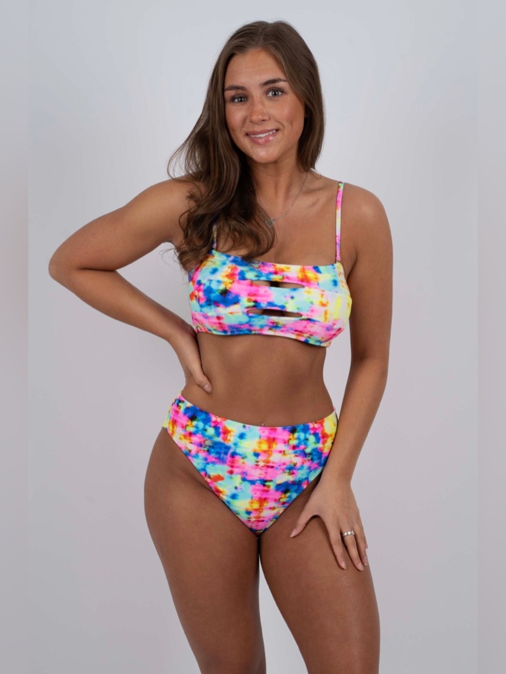 NWOT Blushing Brunette Walking At Sunset Tie-Dye Cut Out Tie Back Bikini Top XXL